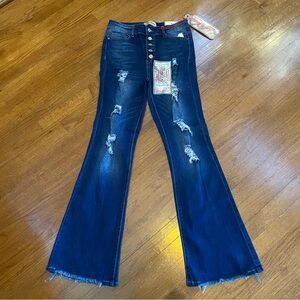 NWT’s Elite dark distressed flare leg jeans